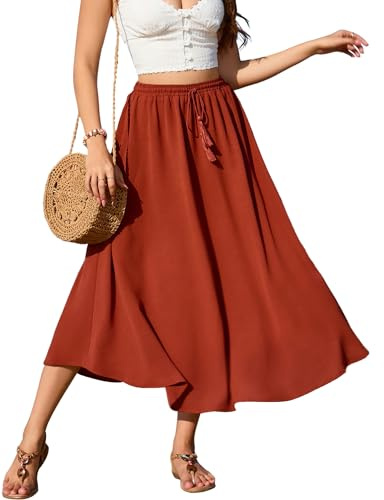 Zeagoo Falda Larga Verano Cintura Alta A Línea Estilo Bohemio Faldas Largas Sólido Midi Elástica con Cordón Rojo Ladrillo L