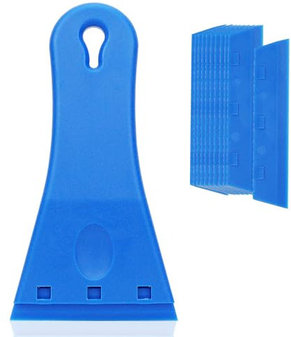 Umaki Rascador de ventana, raspador de vidrio de 7,5 cm x 14,5 cm, rascador de plástico sin arañazos con 10 repuestos de repuesto, para limpiar calcomanías, horno, pintura, vinilo