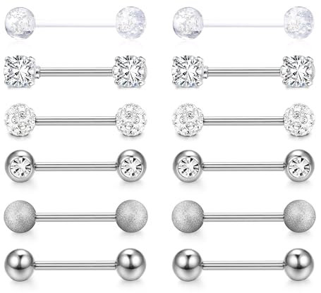 CASSIECA 12Pcs 14G Brustwarzenpiercing Silber Nippelpiercing für Frauen Zungenpiercing Brustwarzen Piercing Chirurgenstahl Nippelpiercing 18mm Stablänge Barbells Body Piercing