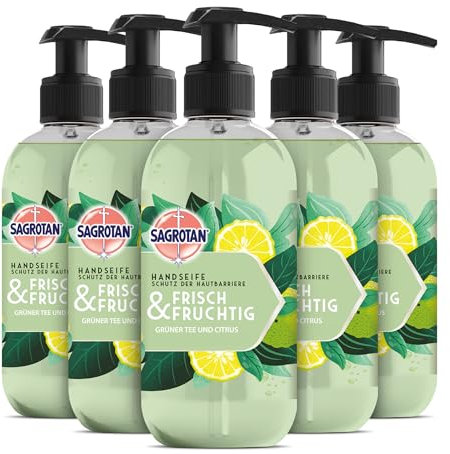 Sagrotan Handseife Frisch und Fruchtig – Feuchtigkeitsspendende Flüssigseife mit fruchtigem Duft – 5 x 300 ml Handseife