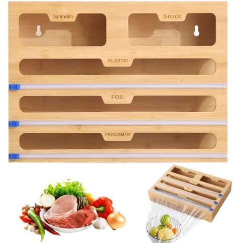 Vmxlso 5 in 1 Foil Dispenser and Cutter, Wall-Mounted Cling Film Dispenser, Bamboo Foil Dispenser and Cutter, Plastic Wrap Dispenser with Cutter, Kitchen Drawer Tin Foil and Cling Film Organiser