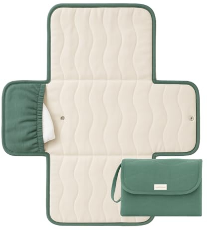 Toddlekind Mini Maven Portable Changing Pad – Organic Cotton & Water-Resistant Polyester – Travel-Friendly, Foldable Change Mat – Forest Green Stripes with Wave Stitching – Chic, Durable, Easy Clean