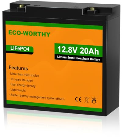 ECO-WORTHY Batería LiFePO4 de 12 V 20 Ah con protección BMS y máx. 15000 ciclos, batería de litio de 256 Wh de 12 V 20 Ah para motor de trolling, barco, caravana