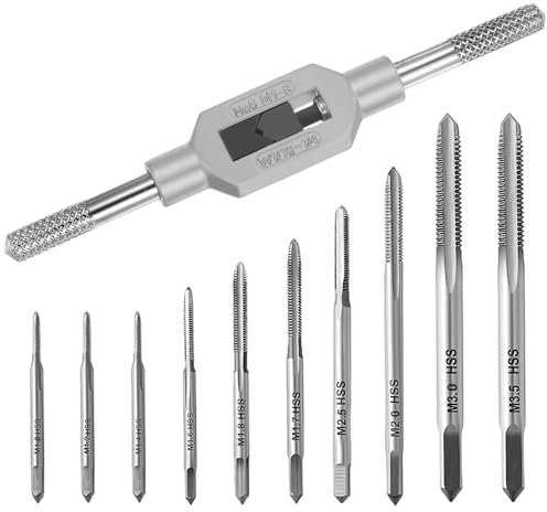 11 Stück Metrischer Gewindebohrer Set, M1-M3.5 HSS Metrisches Gewinde-Maschinengewindebohrer-Set, Mini Handgewindebohrer Set mit Einstellbar Windeisen, Screw Tap Set für Holz, Kunststoff, Metall