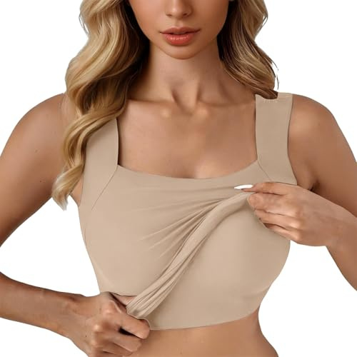 Vest Tops with Built in Bra for Women UK U Neck Shapewear Built-in Bra Tank High Strechy Sleeveless Slim Fit Camisole Workout Yoga Tops (01-Khaki, L)
