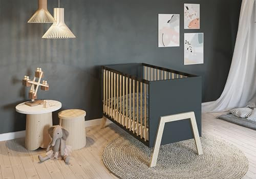FabiMax Lunara Babybett, 3-Fach höhenverstellbar, Umbaubar zum Kinderbett (Matratze Classic, Anthrazit/Natur, 120x60 cm)