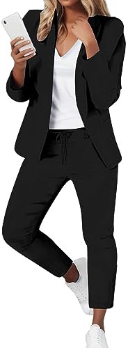 Womens Suits Formal 2 Piece Womens Elegant Solid Color Suit Long Sleeve Cardigan Pockets Top Elastic Straight Leg Pants Suit (Black, L)