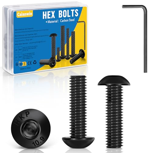 Caianwin 50 tornillos de cabeza alomada M5 x 16 negros, tornillos de cabeza semirredonda, ISO 7380, cabeza plana, acero al carbono, tornillos hexagonales con llave hexagonal interior para máquinas