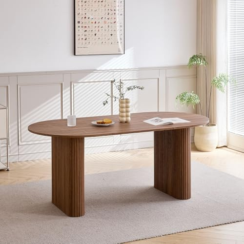 BenyLed Mesa de Comedor Ovalada Grande de 180 x 90 cm, Mesa de Cocina Rústica con Tablero de MDF (Acabado de veta de Madera) y Patas Elípticas para Hogar, Restaurante y Oficina (Marrón Oscuro)