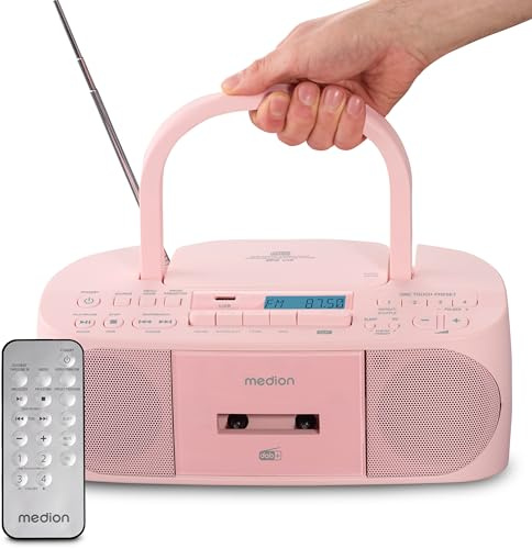 MEDION DRX-1 Plus Boombox (Radio Portable Dab+ et FM, Bluetooth, Lecteur CD, MP3, Cassette, Prise Casque, stéréo, AUX, Secteur & Piles) Rose