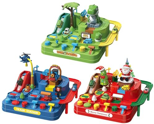 Pista de Carreras de automóviles para niños: Juego de vehículos con Dinosaurios, Juguete de vías de ferrocarril con Tema de navideña, Juego Interactivo de Autos y Dinosaurios para Juegos CREA