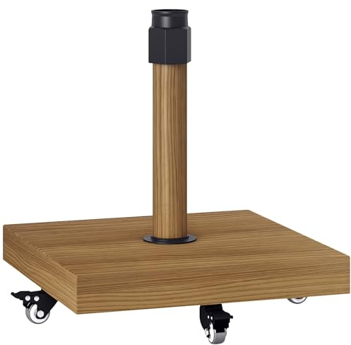 Outsunny Base per Ombrellone a Rotelle con Freni, Basamento per Ombrellone in Metallo con Cemento, per Pali di Ombrelloni da Ø36/38/48 mm, Effetto Legno Naturale