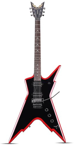 Leo Jaymz Diminator 6-String Electric Guitar, 24-Fret Solid Mahogany Body, Roasted Maple Neck, Rosewood Fingerboard, Alnico V Humbuckers, Double-Locking Tremolo System with Bone Nut (Black-Red)