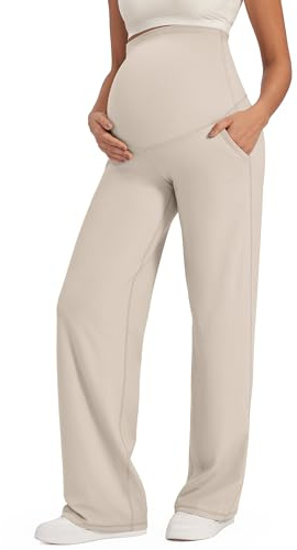 Gravidbyxor över bump Stretchiga graviditetsyogabyxor Lounge Klänning med vida ben Arbetsbyxor med fickor Petite/Vanlig/Lång