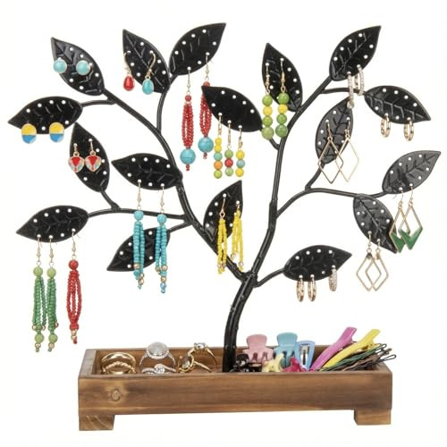 MyGift Earring Storage Rack Organizer, Matte Black Metal Jewelry Tree, Necklace and Bracelet Hanger with Wooden Ring Tray Trinket Holder - Holds 68 Pairs of Earrings