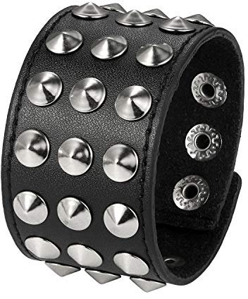 JewelryWe Schmuck Herren Breit Lederarmband Punk Rock Ahle Taper Nieten Leder Armband Armreif Manschette Biker Armband Verstellbar Schwarz