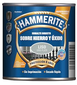 Hammerite Esmalte directo sobre hierro y óxido, Liso Brillante, Color Gris Plata, 250 ml (Paquete de 1)