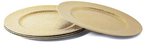 Rammento 4-Pack 33cm Textured Gold Round Plastic Placemats | Large Charger Plates, Durable Underplates for Dinner Plates | Christmas Dining Tableware Placemats Set for 4 | Wedding Plates, Xmas Plates