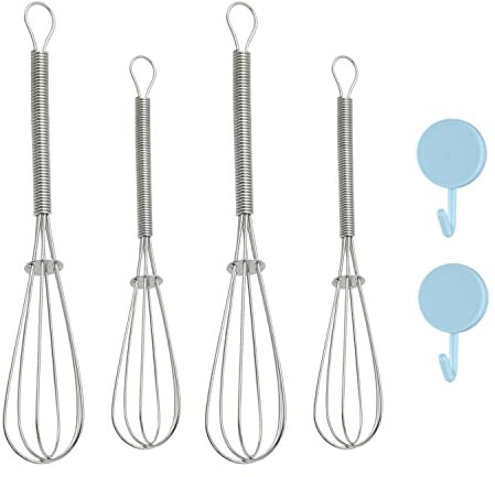 Juego de 4 batidores de huevos de acero inoxidable con 2 ganchos, agitador de plumas, batidor de cocina, batidor de espuma con mango de acero inoxidable para batir masa, huevos (plata)