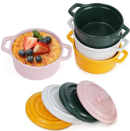 Winter Shore Mini Cocotte di Porcellana con Coperchio e Manici da 270 ml [4 Pezzi] - Coppette Porcellana Impilabili per Soufflé e Cottura al Forno - Per Microonde, Freezer, Lavastoviglie - 4 Colori