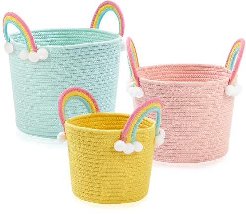 AOFANGSHIYE Cesto Organizer in Corda di Cotone Impilabile, 3 Pezzi per Bagno Casa Ufficio - Decorazione Intrecciata, Portaoggetti per Fasciatoio e Soggiorno (Arcobaleno)