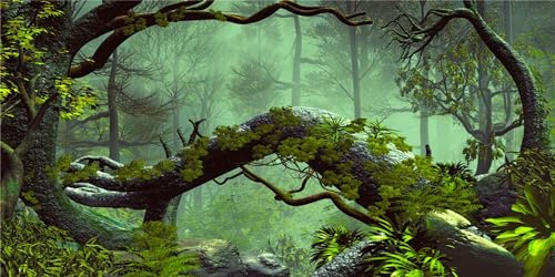 MIRRORANG 120x50cm Nebbioso Foresta Terrario Sfondo Pietra Verde Albero Tropicale Rettile Habitat Sfondo Foresta pluviale Acquario Sfondo Vinile Sfondo