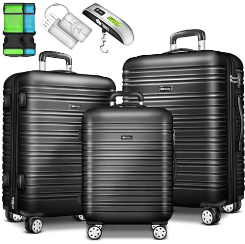 tillvex® Reisekoffer Set 3-TLG. mit Gepäckwaage, 6X Koffergurte und 3X Kofferanhänger | Hartschale Kofferset 4 Rollen | Trolley Gepäck Koffer mit TSA Schloss | Rollkoffer Hartschalenkofferset M-L-XL