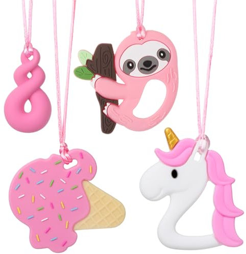 Camptrip 4 Stück Kaukette für Baby und Kinder - Silikon Sensory-Kaustange für ADHS, Zahnen, Beißende, Einhorn