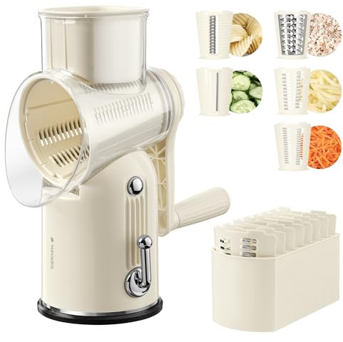 Navaris Grattugia Formaggio e Verdure Manuale - Taglia Verdure e Frutta con 5 Lame - Affetta Patate e Carote - Tritaverdure e Ghiaccio a Manovella - Design Retrò