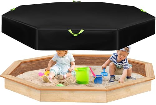 Sandkasten Abdeckung Achteckige, 214x198x23cm Wasserdicht Schützende Sandkastenabdeckung mit Kordelzugverschluss und Reflektierenden Griffen Schwarzes 420D Oxford-Gewebe Sandkasten-Pooldeckel