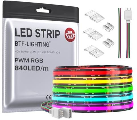 BTF-LIGHTING FCOB COB RGB flexibel LED-remsa med hög densitet DC24 V 5 m 840LEDs/M 4 200 lysdioder 16 W/M 10 mm PCB svart LED-remsa, flerfärgad, IP66, vattentät för heminredning (endast band)