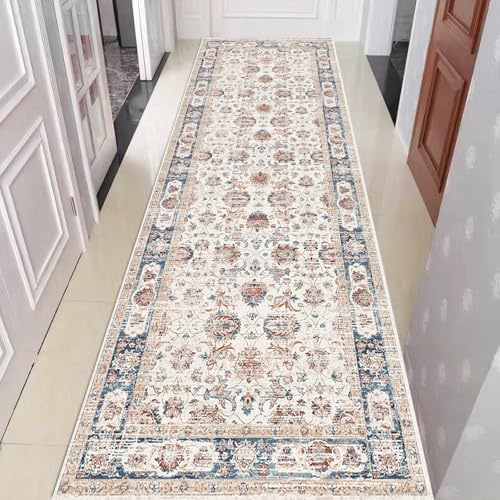 Hibate Vintage Teppichläufer 60x180 cm Waschbar, rutschfest mit TPR-Rückseite, Kurzflor Flurläufer im Vintage Design für Flur Küche, Eingangsbereich und Schlafzimmer, Mehrfarbig Laundry Room Bathroom