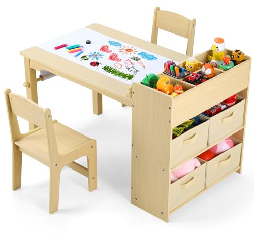 Clevich Tavolo per bambini con 2 sedie, Set Tavola d’Arte con rotolo di carta e 4 Cestini Portaoggetti, Tavolo da dipingere adatto dai 3 anni in su, Scrivania Multiuso per Cameretta, Giallo