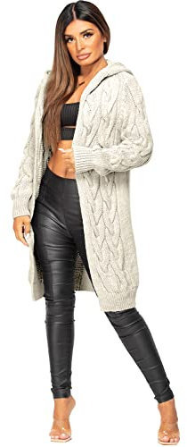 GOSTYLES® Women Ladies Cardigan Cable Open Front Knitted Oversized Long Hooded Chunky Jumper Cape Top Sweater Knitwear Loose Coat (Cream, M-L)