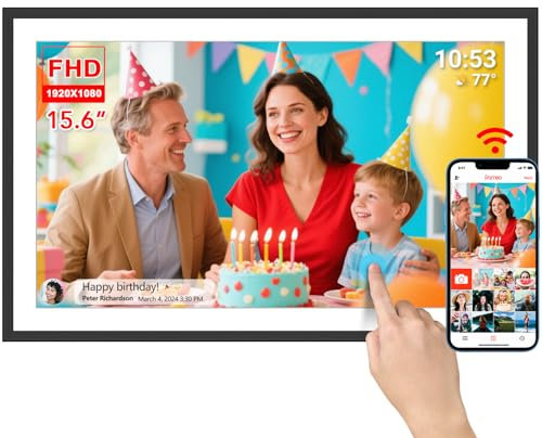 FRAMEO Digitaler Fotorahmen 15,6-Zoll extra große WiFi Digitaler Fotorahmen mit 32GB 1920 * 1080 IPS HD Touchscreen Desktop und Wandmontage Teilen von Fotos und Videos über FRAMEO APP mit Wetter Musik