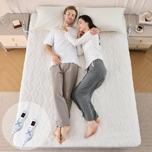 Bearhug Couverture Chauffante 2 Places - Surmatelas Chauffant 150x200cm Tissu Sherpa Blanc 200g/m² Ultra-Doux 45cm Deep Pocket 2 Zones & Commandes 10 Niveaux + Minut. 12h Sécurité CE Lavable Machine