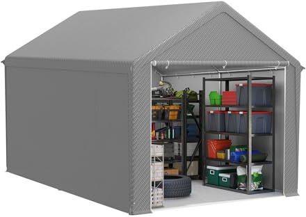 FIVMEN Gerätehaus 12m³ Gerätezelt Gartenhaus aus PE mit Abnehmbar Seitenwände Winterfest Garagenzelt Lagerzelt Geräteschuppen für Gartengeräte Motorrad Fahrrad, Grau