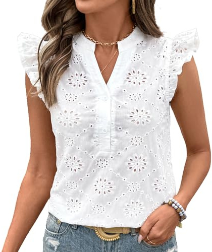 Generisch Top Estivo Donna Traforato con Volant e Scollo a V – Blusa Bohémien Fresca Tendenza 2025