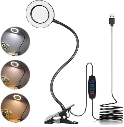 Magnifying Glass with Light, Adjustable 3X Magnifying Lamp, 3 Color 10 Brightness LED Lighted Magnifier Clamp Lamp, Desk Lamps Magnifier, Dimmable Clip Lamps Magnifiers for Reading Craft Work Hobbies