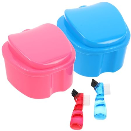 ERINGOGO Lot De 2 Sets De Kits Pour Prothèses Dentaires Avec Brosse Double Face Et Boîte De Pomme Bleu Clair, Étui De Voyage Étanche Avec Panier-filtre, Nettoyage Complet à Domicile Déplacement