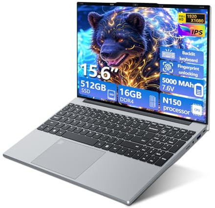 15,6inch Ordenador Portátil, Win 11 PC Portatil 16GB DDR4 512GB SSD, Twin Lake N150 CPU, Computadora Portátil Teclado Retroiluminado+Desbloqueo Huellas Dactilares, Laptop Mini-HDMI+USB3.0+BT4.2+Webcam