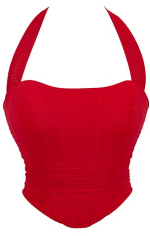 Corset Rojo,Corsé Steampunk de Underbust para Mujer Cuello Halter Top Bustier con Cordones y Huesos de Plástico Cinturón Firme de Formación de Cintura Bustier Gótico Fajas Reductoras