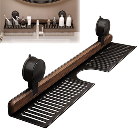 Behogan Étagère de lavabo sur robinet avec ventouse, étagère en noyer pour salle de bain, étagère de douche suspendue, étagère de salle de bain sans perçage, organisateur de robinet, étagère de