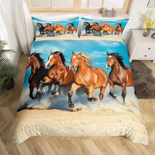 BJCJGGL Dubbelt påslakanset brunt galopperande hästbäddset för barn och vuxna – påslakan med dragkedja och 2 örngott 50 cm x 75 cm – mjukt allergivänligt mikrofiberpåslakan