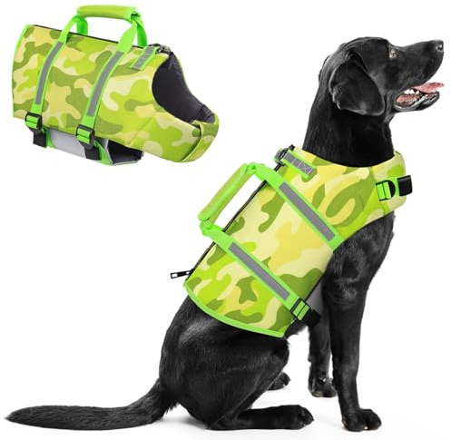 PUZAUKAL flytväst hund – räddningsväst för små, medelstora och stora hundar, justerbar hundflytväst med handtag och reflekterande, säker för båt och vattensport, camo grön, storlek L