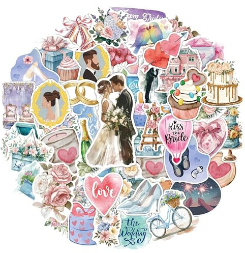 Pegatinas de Boda, 50pcs Scrapbook Pegatinas Boda, Pegatinas para Libro de Visitas de Boda, Pegatinas Valentín, Pegatinas Decoración de Bodas, para Albumes de Recortes, Botellas y Sobres (Color B)