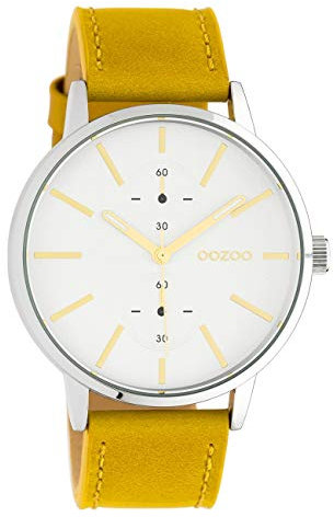 Oozoo Unisex Armbanduhr Chrono Look mit Lederband 42 MM Silberfarben/Senfgelb C10585