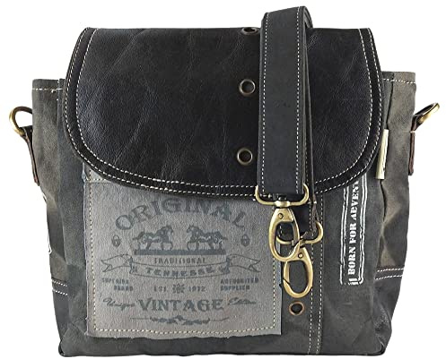 Sunsa Damen Umhängetasche in Vintage Stil. Schultertasche aus schwarze Leder & graue Canvas. Kleine Messenger Crossbody Tasche als Geschenkideen für Frauen/Mädchen, Pferde Motiv