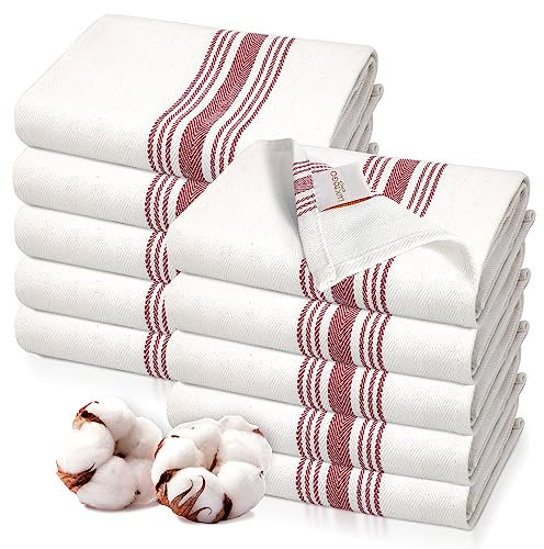 LUXTOGO®️-10 Geschirrtücher Baumwolle Set,100% Baumwolle Küchentücher Ringgesponnene Fischgrätenmuster Extra Dicker250g/m²Geschirrhandtücher-50x70cmKüchenhandtücher für Küche,Restaurant(Red)