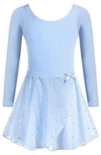 Arshiner Ropa de Ballet para niños Vestido de Ballet Leotardo de Ballet de algodón para niñas Traje de Ballet de Manga Larga Mono de Baile con Falda Azul 140